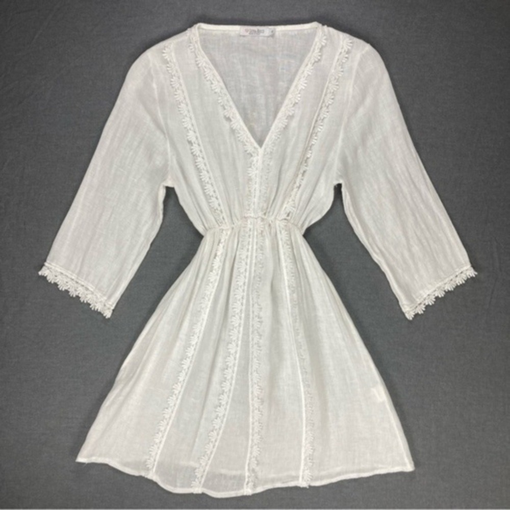 Luisa Ricci Linen Lace Tunic Beach Coverup Dress Women Medium White Cottagecore - Picture 2 of 13